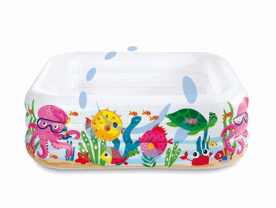 Piscina gonfiabile quadra  aquarium  +3 anni - cm.159x159x50h. - peso kg.3,60 (57471) - in vinile spessore mm.0,30 , capienza d'acqua lt.340, kit corredo di riparazione