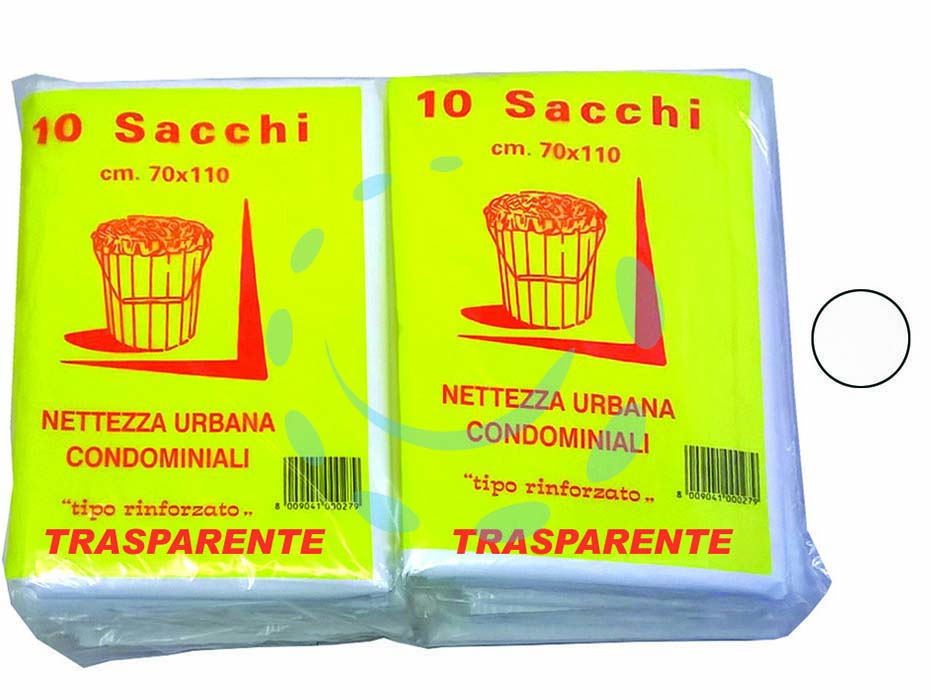 Sacco condominiale rinforzato trasparente pz.10 - cm.70x110 gr.75 - alta elasticità del materiale, doppia saldatura, capacità di contenimento dei liquidi