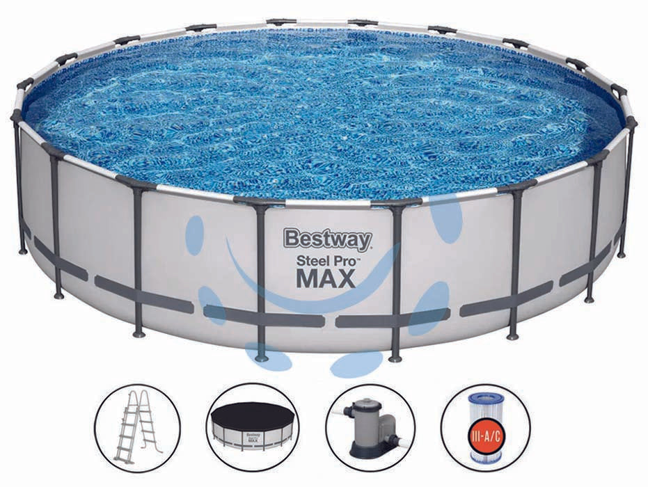 Piscina steel pro max tonda telaio portante cm.549x122h. - kg.80,8 - lt.23.062 -filtro cartuccia(art.56462) - il telo è realizzato in PVC poliestere triplo strato, la struttura portante è composta da strutture in acciaio zincato e vern...