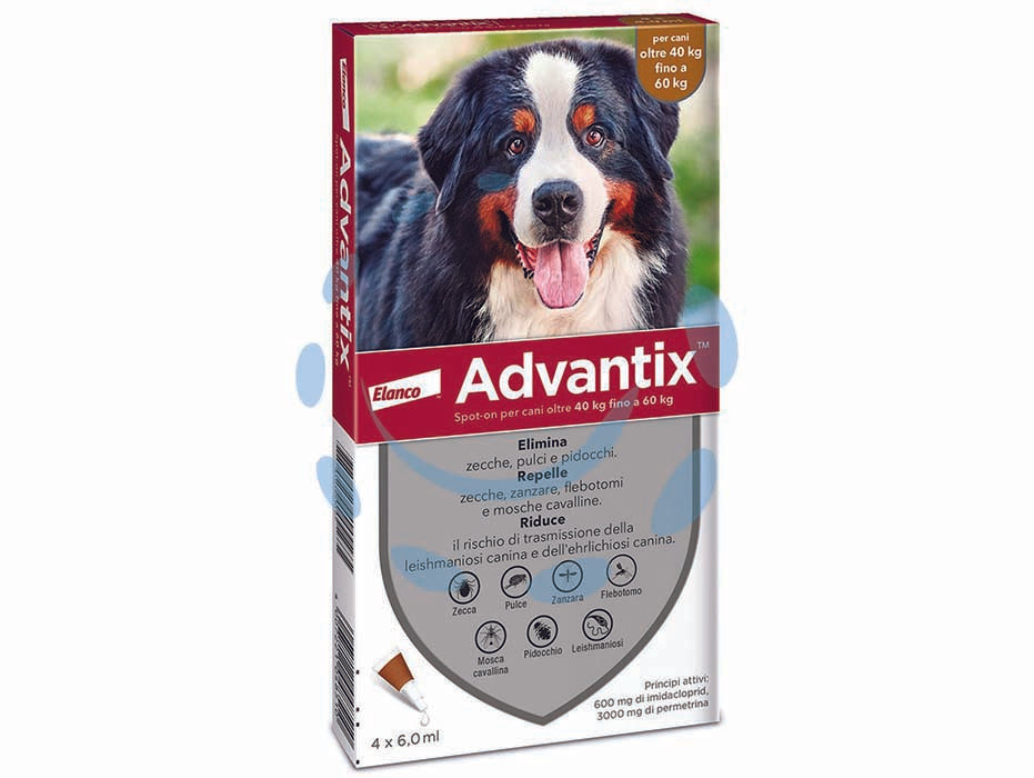 Antiparassitario advantix per cani oltre kg.40 - in conf. da 4 pipette SPOT-ON - per cani oltre Kg.40, tripla azione con IMIDACLOPRID e PERMETRINA, antiparassitario per uso esterno, repelle ed elimina zecch...