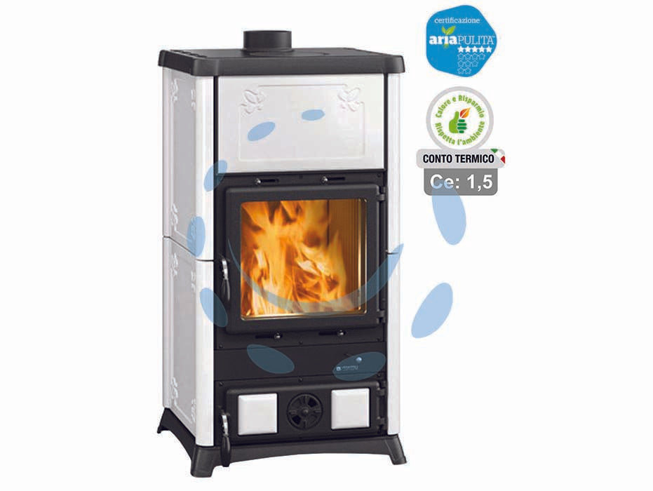 Stufa a legna fedora 8,3 kw bianca (conto termico) - misure cm.55,9x54,7x103,5h. - peso kg.175 - 9,6 kw potenza termica globale, 8,3 Kw potenza nominale utile per mc.238 riscaldabili, consumo kg/h.2,25, rendimento 86,4%, v...