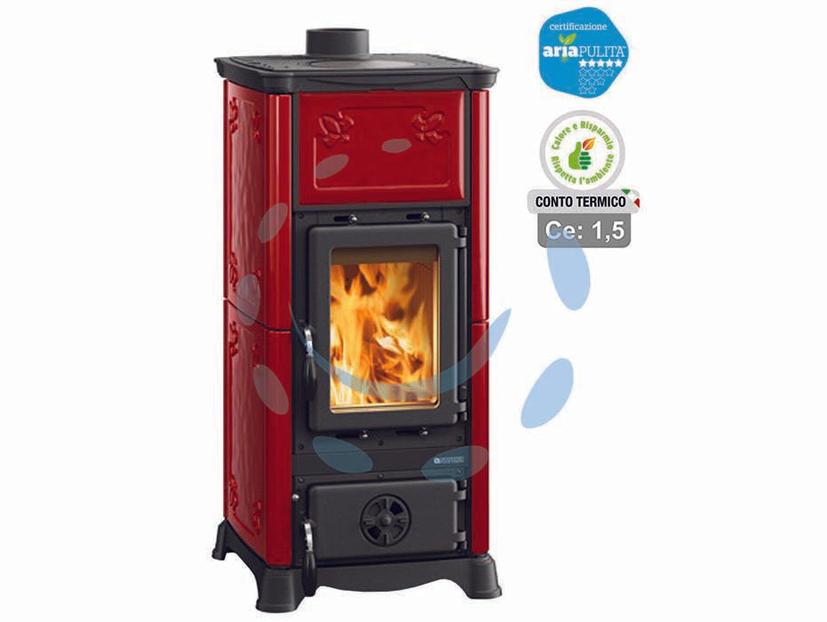 Stufa a legna emiliana 6,5 kw bordeaux (conto termico) - misure cm.45,3x49x95h. - peso kg.140 - 7,6 kw potenza termica globale, 6,5 kw potenza nominale utile per mc.186 riscaldabili, consumo kg./h 1,7- rendimento 85%, dim...