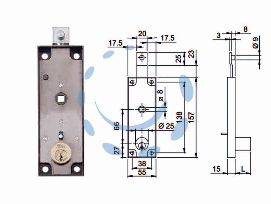 Serratura per serrande basculanti cilndro fisso quadro maniglia 643 - mm.157x15x55h. (643150) - scatola in acciaio verniciato, catenaccio zincato con perno ø mm.9x8h per aggancio asta, 1 mandata da mm.25 con maniglia, qua...