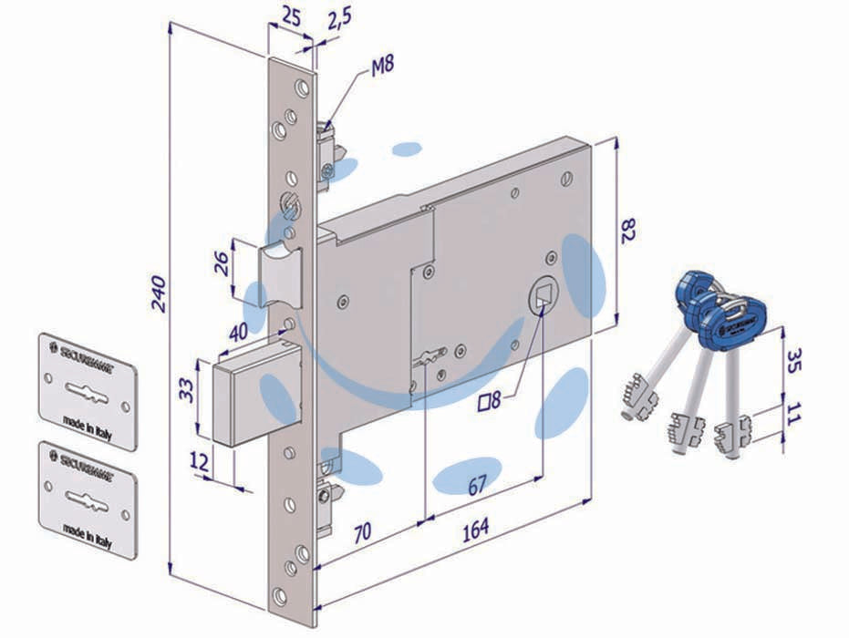 Serratura triplice da infilare per fasce doppia mappa mm.82 h 2008 - mm.70 - scatola, frontale e copritoppa in acciaio zincato, con 3 chiavi, scrocco reversibile, catenaccio movimentato da chiave, corsa...