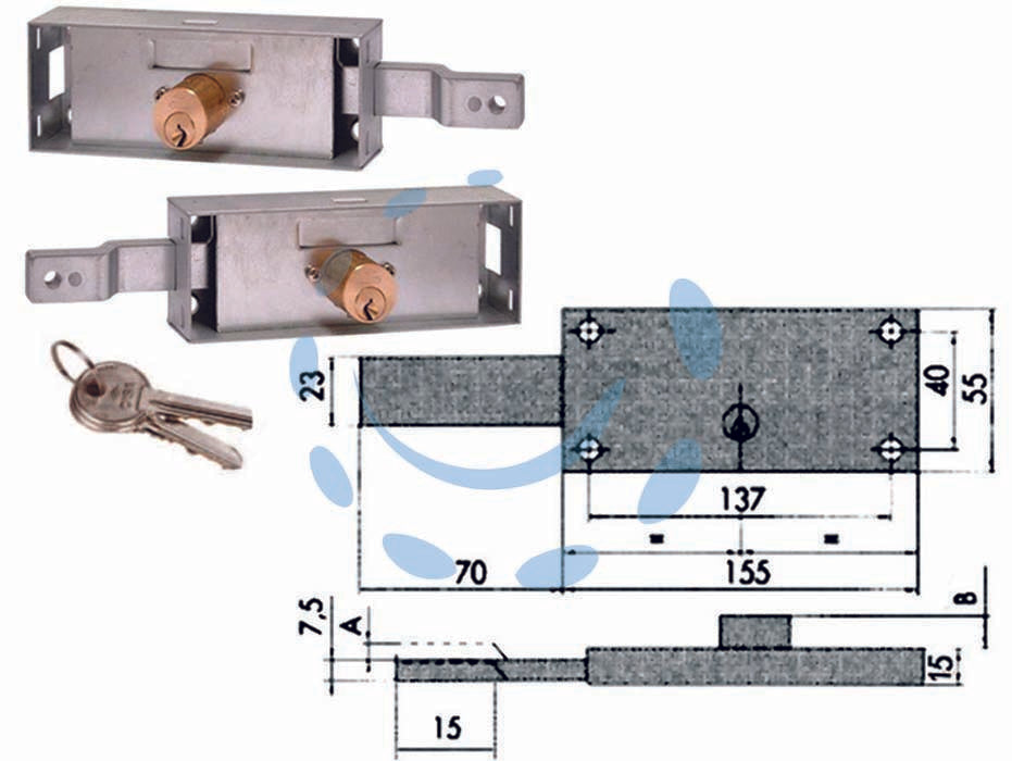 Coppia serrature serranda laterale cilindro fisso tondo 41526 - mm.155x15x55h. (41526780) - per serranda, scatola in acciaio con rivestimento in zinco, cilindro fisso, lunghetta mm.5,5 in ottone, catenacci a 2 mandate...