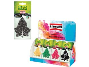 Espositore da banco profumatori per auto fresca foglia - espositore da pz.48 in blister, 8 fragranze assortite: pz.6 fresca foglia pino, pz.6 fresca foglia vaniglia, pz.6 fresca fogl...