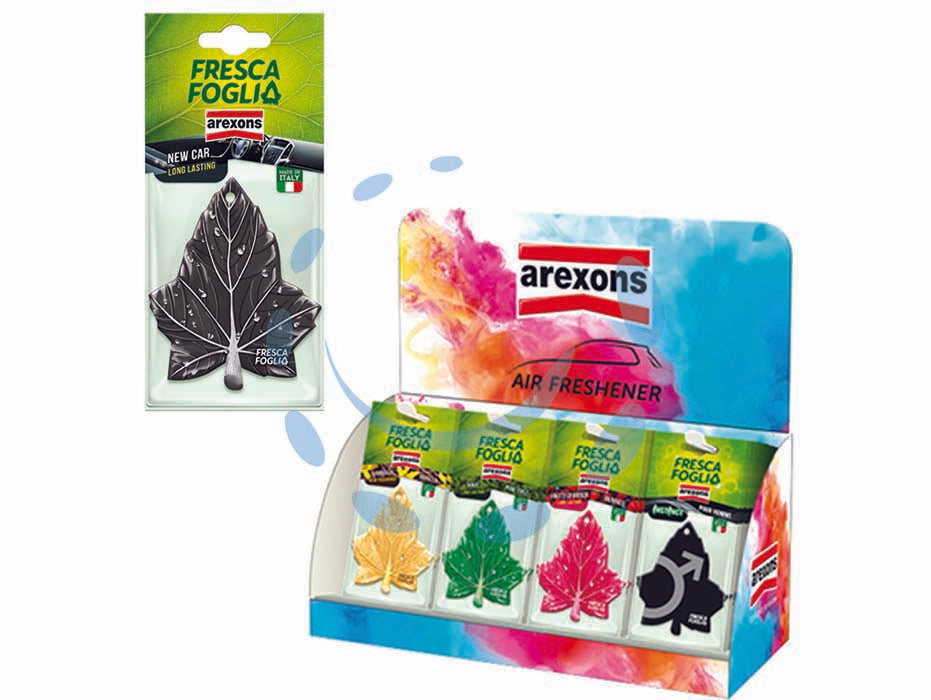 Espositore da banco profumatori per auto fresca foglia - espositore da pz.48 in blister, 8 fragranze assortite: pz.6 fresca foglia pino, pz.6 fresca foglia vaniglia, pz.6 fresca fogl...