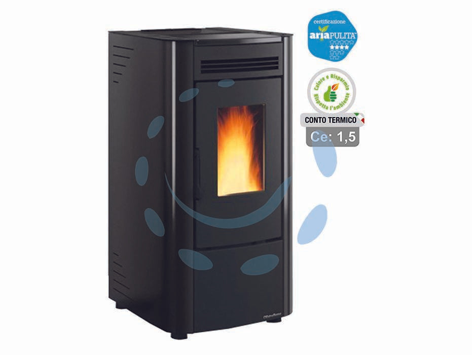 Stufa a pellet ketty evo 2.0 6,5 kw nera (conto termico) - misure cm.45,6x50,7x88,4h. - peso kg.69 - 2,8, 7,4 Kw potenza termica globale, 2,5/6,5 Kw potenza nominale utile per mc.187 riscaldati , consumo 0,6/1,5 kg.h., capacit...