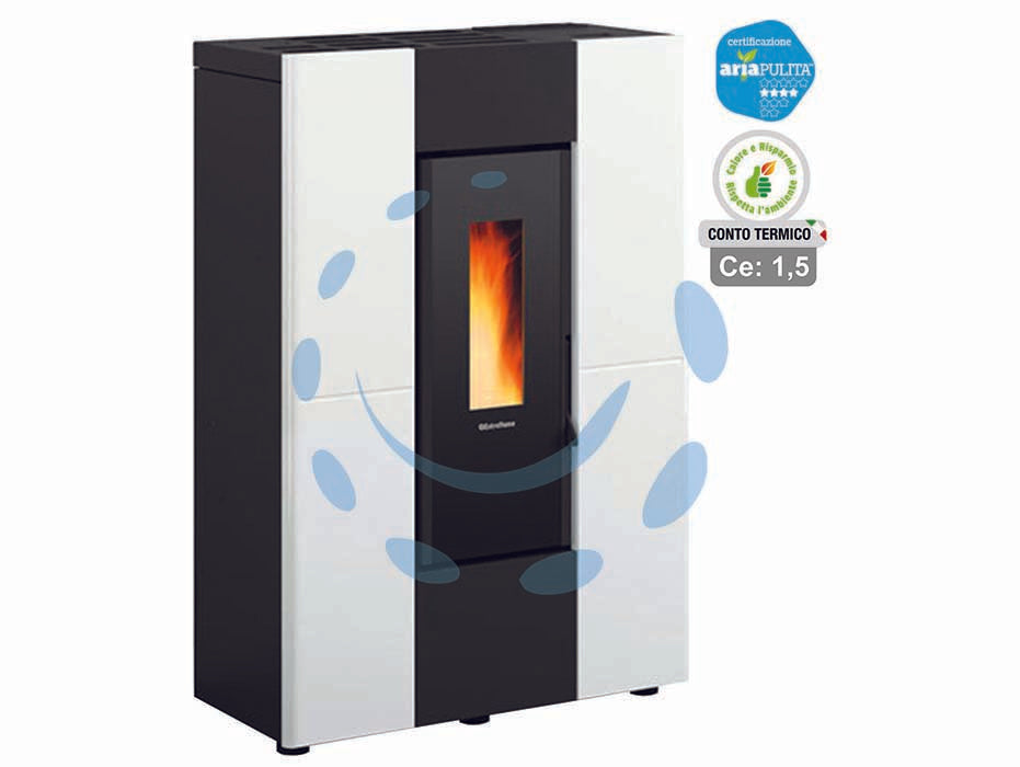 Stufa a pellet marilena plus ad canaliz. 8,0 kw bianca (conto termico) - misure cm.75x35,2x107,7h. - peso kg.119 - 3,9/8,8 kw potenza termica globale, 3,7/8,0 potenza nominale utile per mc.230 riscaldati, consumo 0,8/1,8 kg/h., capacità ser...