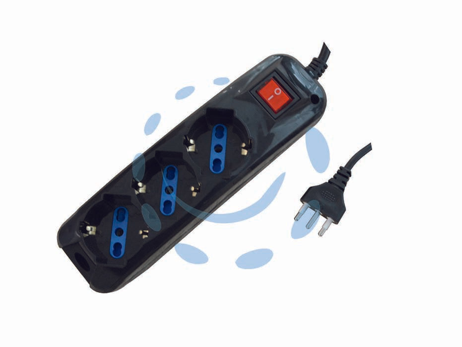 Multipresa 3 posti con schuko e con interruttore nera - colore nero - spina da 16A prese schuko+bipasso, cavo da 3x mmq.1 lunghezza mt.1,5