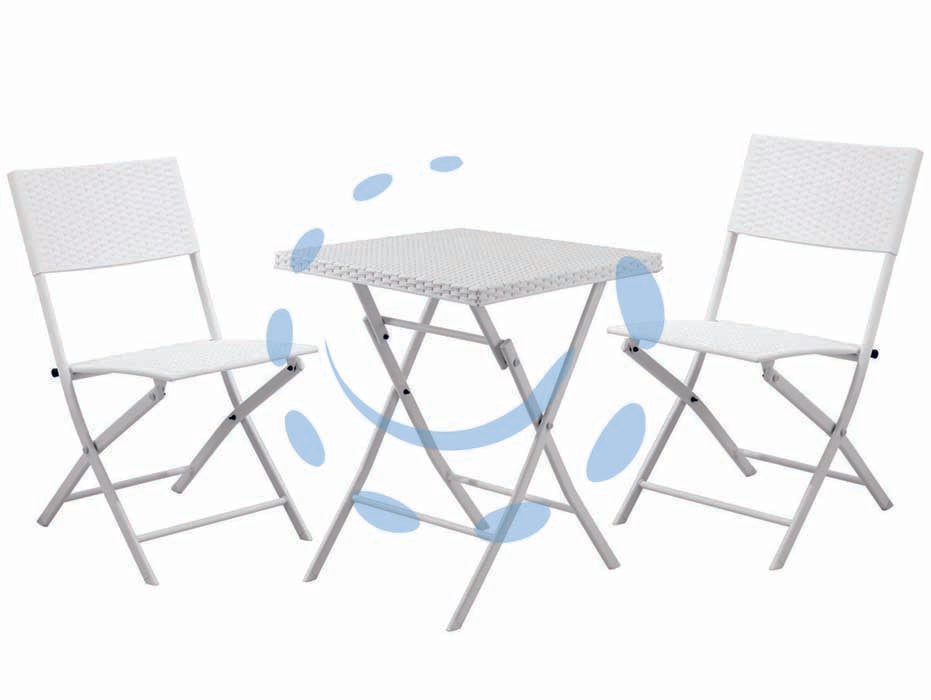 Set giardino fold white in rattan sintetico pp tre pezzi - colore bianco, pieghevole, composto da 1 tavolo e 2 sedie, sedie cm.45x57,5x81h., kg.2,7, tavolo quadro cm.58x58x70h., kg.4,7...