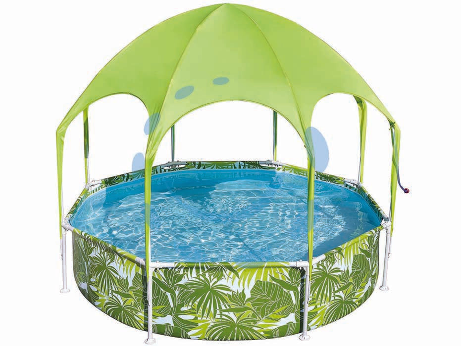 Piscina splash-in-shade coperta con pioggia cm.244x51h. - kg.13,4 - lt.1.688 (art.56432) - il telo è realizzato con tre strati sovrapposti in PVC, dotato di valvola di drenaggio, facile da montare e da riporre, con...