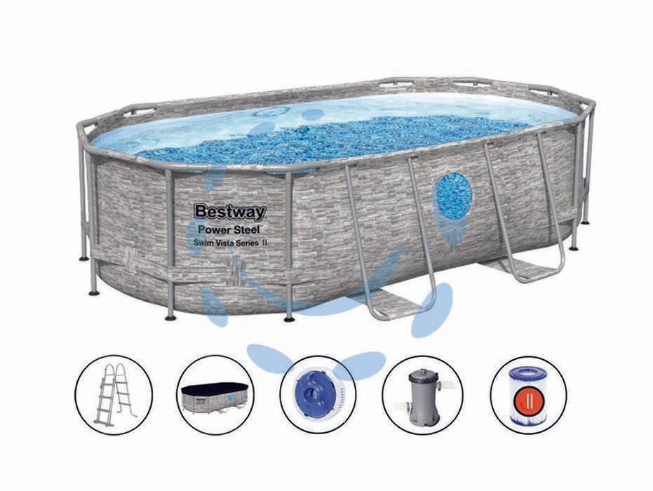 Piscina power steel swim vista ovale telaio portante cm.427x250x100h. - kg.55.3 - lt.7250 -filtro cartuccia (art.56714) - con oblò, pompa filtro 58383, cartuccia 58094, copertura, scaletta di sicurezza e dispenser chimico Chemconnect, colore pietr...