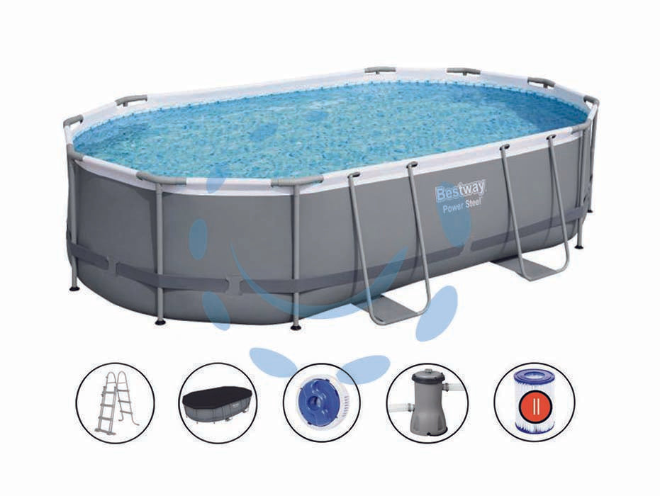 Piscina power steel ovale con telaio portante cm.488x305x107h. - kg.67,2- lt.10.949 - filtro cartuccia(art.56448) - il telo è realizzato in PVC poliestere triplo strato, la struttura portante è composta da strutture in acciaio zincato e vern...