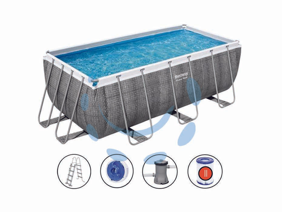 Piscina power steel rettangolare telaio portante cm.412x201x122h. - kg.73,5- lt.8.124 - filtro cartuccia (art.56722) - il telo è realizzato in PVC poliestere triplo strato, la struttura portante è composta da strutture in acciaio zincato e vern...