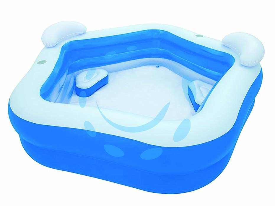 Piscina gonfiabile family fun a pentagono +6 anni - cm.213x206x69 - kg.4,9 - lt.575 (art.54153) - sponda larga con struttura di rinforzo, 2 anelli, 2 valvole interconnesse, comprende 2 porta bevanda, 2 sedute e 2 poggiatest...