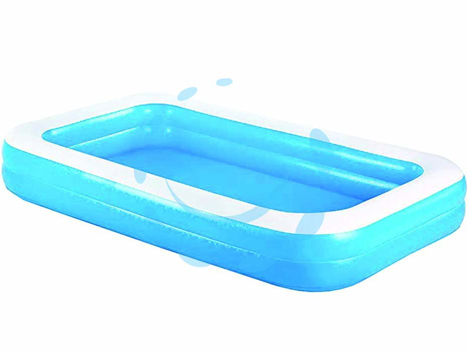 Piscina gonfiabile family rettangolare 2 anelli  +3 anni - cm.305x183x46 - kg.6,55 (art.54150) - sponda larga con struttura di rinforzo, 2 anelli, 2 valvole interconnesse, kit corredo di riparazione, capienza d'acqua 850 l...