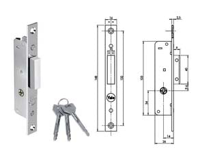 Serratura da infilare per montanti solo catenaccio chiave a croce f58 - mm.14 (YF5810) - zincata, 1 mandata, cilindro a spillo incorporato nella serratura, frontale e contropiastra in acciaio nichelato da mm.16, 3 ...