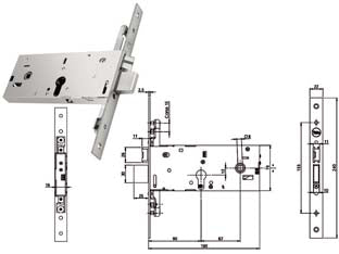 Elettroserratura triplice infilare p/fasce caten. e scr. mm.78h 94900 - mm.90 (Y9490090080) - per fascia alta, scrocco reversibile regolabile da mm.12 a mm.17 con fermo a giorno, catenaccio a 1 mandata maggiorata a mm.2...