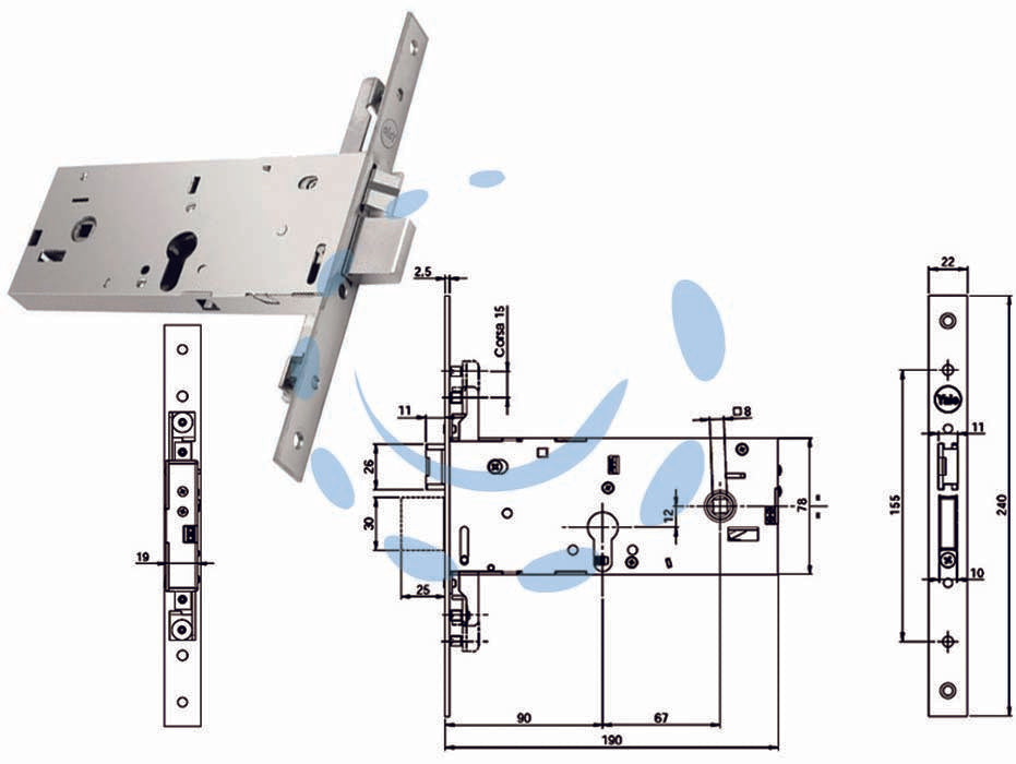 Elettroserratura triplice infilare p/fasce caten. e scr. mm.78h 94900 - mm.90 (Y9490090080) - per fascia alta, scrocco reversibile regolabile da mm.12 a mm.17 con fermo a giorno, catenaccio a 1 mandata maggiorata a mm.2...