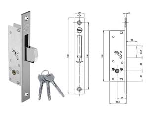 Serratura da infilare montanti caten. basculante chiave  a croce f58 - mm.20 (YF5820) - zincata, 1 mandata, cilindro a spillo incorporato nella serratura, frontale e contropiastra in acciaio nichelato da mm.20, 3 ...