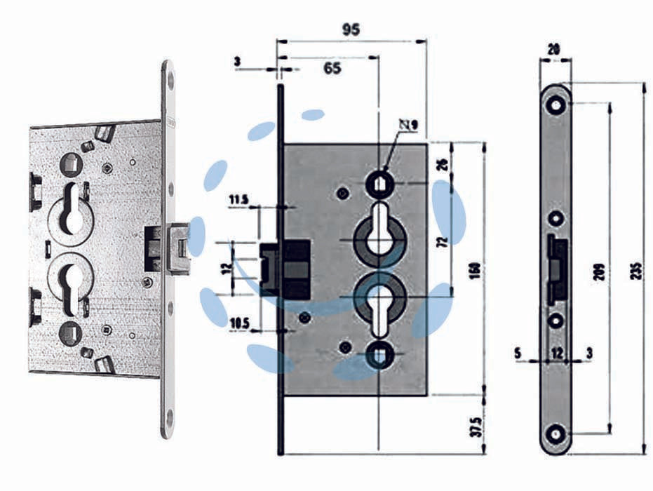 Serratura da infilare per porte in ferro tagliafuoco e cantine - mm.65 (PN5C00165000000) - serratura per porte in ferro, finitura zincata, reversibile, una mandata, quadro maniglia mm.8, interasse mm.72, frontale mm....