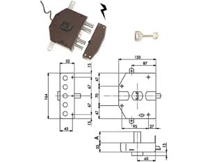 Elettroserratura triplice applicare a pompa segreta 6823 - lunghezza cilindro mm.60, dx (Y6823560) - per porte in legno, finitura marrone, scrocco azionabile da chiave e da impulso elettrico a distanza, catenacci a 2 aste azio...