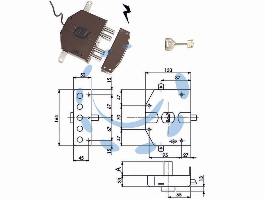 Elettroserratura triplice applicare a pompa segreta 6823 - lunghezza cilindro mm.60, dx (Y6823560) - per porte in legno, finitura marrone, scrocco azionabile da chiave e da impulso elettrico a distanza, catenacci a 2 aste azio...