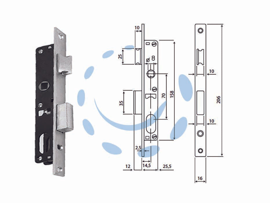 Serratura da infilare per montanti cil. ovale caten. e scrocco n92000 - mm.14,5 (N9200015080) - con scrocco reversibile e catenaccio, 1 punto di chiusura, predisposta per cilindro ovale, cilindro e contropiastre da ordina...