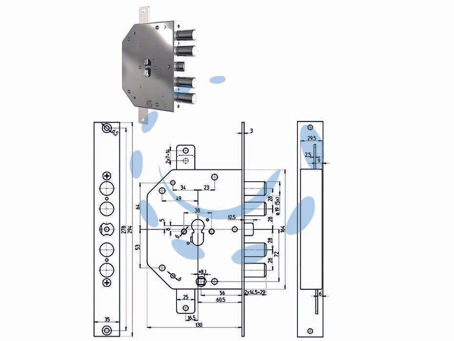 Serratura triplice applicare c/scrocco cil. europ. blind. 2155pen n/fl - mm.60 DX (2155PEN-01N/FL) - serrature a profilo europeo per porte blindate con scrocco azionato da chiave e da quadro maniglia, applicazione planare, 4 c...