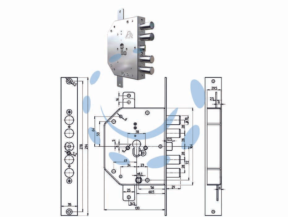 Serratura tripl. applic. c/scr. cil. eu. a ingran. blind. 2155 pe gear - mm.60 DX (2155G-01) - serratura a profilo europeo ad ingranaggi per porte blindate con scrocco azionato da chiave e da quadro maniglia, applicazion...