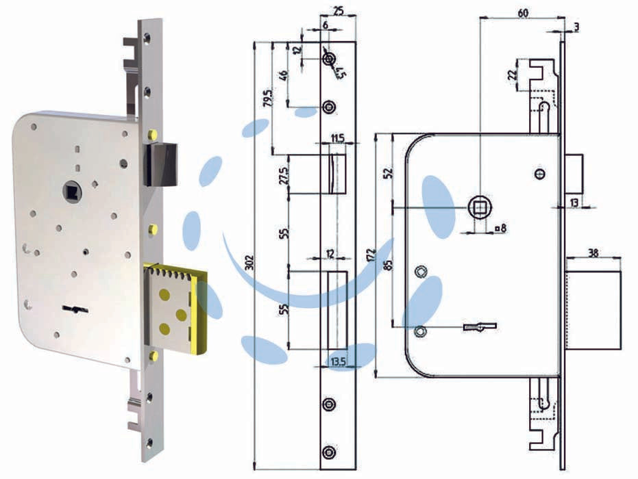 Serratura triplice infilare doppia mappa con scrocco reversibile 8000 - chiave mm.72 (8000-01) - serratura a doppia mappa per porte in legno, ferro ed alluminio con scrocco azionato da chiave e da quadro maniglia, applicaz...