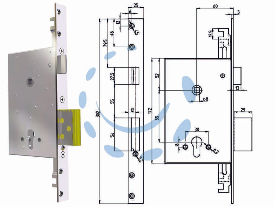 Serratura triplice infilare cil. eu. con scrocco reversibile 8000pe - (8000-PE01) - serratura a profilo europeo per porte in legno, ferro ed alluminio con scrocco azionato da chiave e da quadro maniglia, appli...