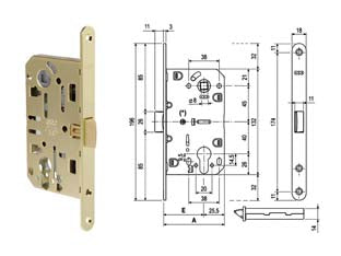 Serratura mediana evolution foro cil. solo scr. nylon b.do t.do ott. - mm.50 bordo acciaio ottonato (1103.50.03) - con foro cilindro, quadro maniglia mm.8, interasse mm.85, frontale bordo tondo mm.18, serratura per porte interne a filo o a ...