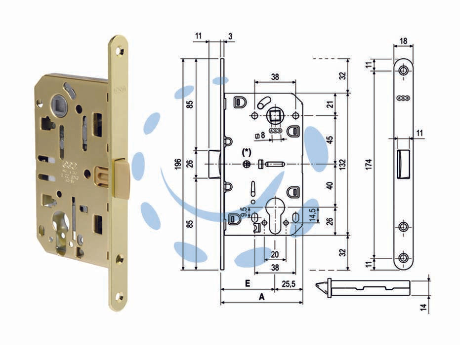 Serratura mediana evolution foro cil. solo scr. nylon b.do t.do ott. - mm.50 bordo acciaio ottonato (1103.50.03) - con foro cilindro, quadro maniglia mm.8, interasse mm.85, frontale bordo tondo mm.18, serratura per porte interne a filo o a ...