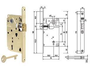 Serratura a bussola centro solo scrocco bordo tondo ottonato - mm.50 bordo acciaio ottonato (1010.50.03) - chiave in dotazione, quadro maniglia mm.8, interasse mm.90, frontale bordo tondo mm.18, serratura per porte interne a filo o ...