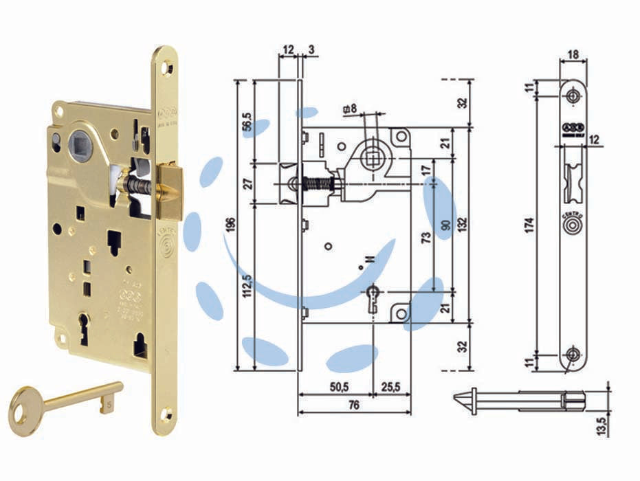 Serratura a bussola centro solo scrocco bordo tondo ottonato - mm.50 bordo acciaio ottonato (1010.50.03) - chiave in dotazione, quadro maniglia mm.8, interasse mm.90, frontale bordo tondo mm.18, serratura per porte interne a filo o ...