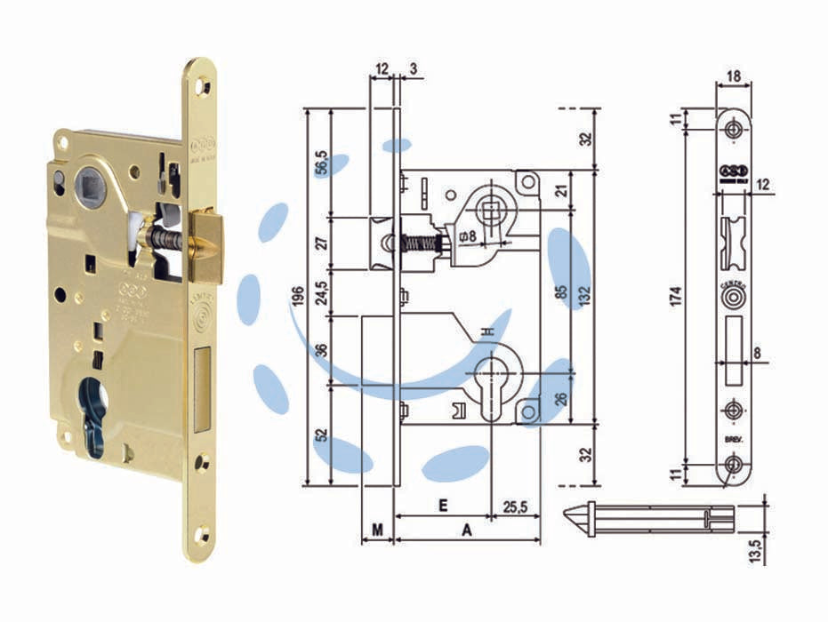 Serratura centro con foro cilndro bordo tondo ottonato - mm.50 bordo acciaio ottonato (1025.50.03) - con foro cilindro, quadro maniglia mm.8, interasse mm.85, frontale bordo tondo mm.18, serratura per porte interne a filo o a ...