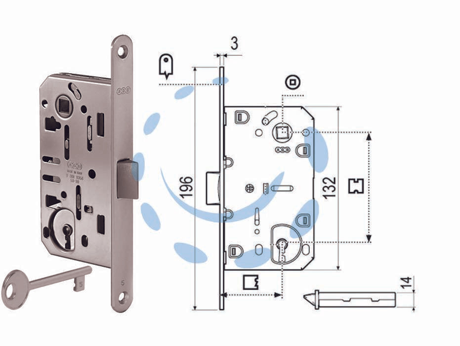 Serratura a bussola mediana evolution solo scr. nylon b. t.do cr. op. - mm.50 bordo cromato opaco (1101.50.34) - quadro maniglia mm.8, dotazione 1 chiave, interasse mm.90, frontale bordo tondo mm.18, serratura per porte interne a filo o a...