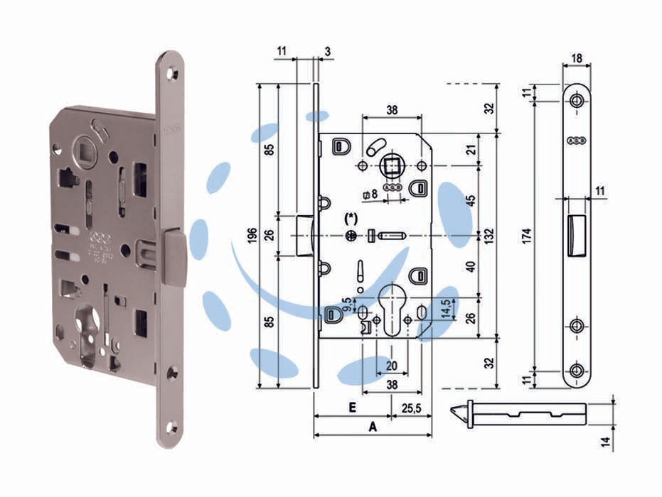 Serratura mediana evolution foro cil. solo scr. nylon b. t.do cr. op. - mm.50 bordo cromato opaco (1103.50.34) - con foro cilindro, quadro maniglia mm.8, interasse mm.85, frontale bordo tondo mm.18, serratura per porte interne a filo o a ...