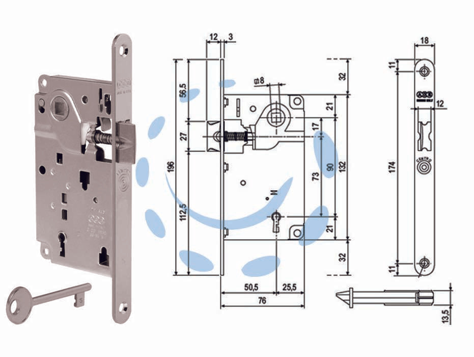 Serratura a bussola centro solo scrocco bordo tondo cromato opaco - mm.50 bordo cromato opaco (1010.50.34) - chiave in dotazione, quadro maniglia mm.8, interasse mm.90, frontale bordo tondo mm.18, serratura per porte interne a filo o ...