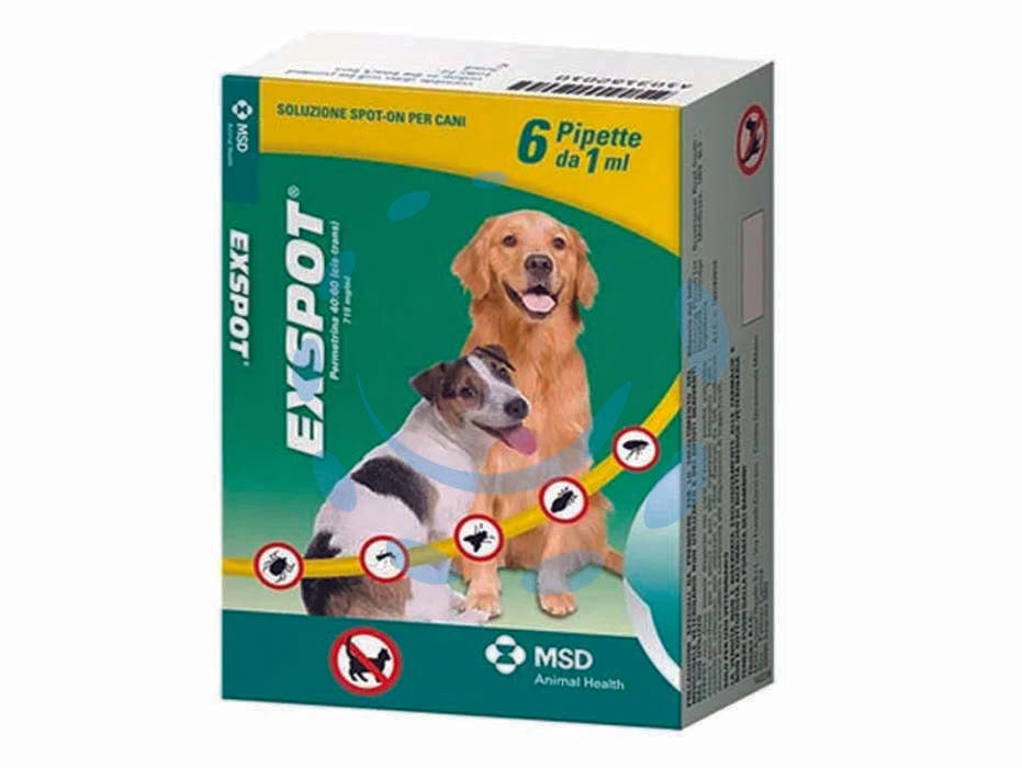 Exspot antiparassitario soluzione ml.1 - ml.1 specifico per cani confezione 6 pipette - a base di permetrina, attivo contro pulci, zecche e pidocchi, repellente per zanzare, pappataci (o flebotomi) e mosche, riduc...