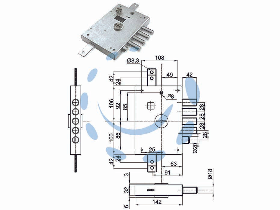 Serratura triplice applicare con scr. doppia mappa blind. heavy mm.63 - mm.63 DX (IMB 6111 DE) in busta - serrature a doppia mappa per porte blindate serie HEAVY con scrocco azionato da chiave e da quadro maniglia, 5 catenacci, int...