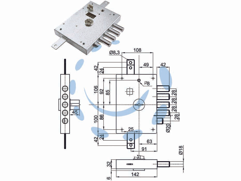 Serratura triplice applicare con scr. doppia mappa blind. heavy mm.73 - mm.73 DX (IMB 7111 DE) in busta - serrature a doppia mappa per porte blindate serie HEAVY con scrocco azionato da chiave e da quadro maniglia, 5 catenacci, int...