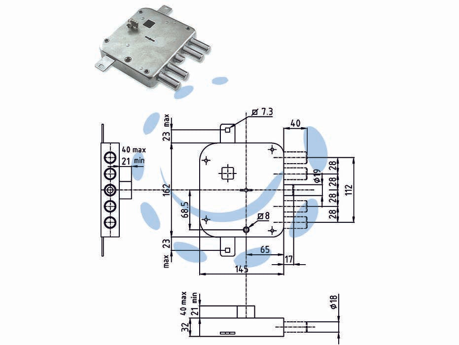 Serratura triplice applicare con scrocco doppia mappa blindate strong - mm.65 DX (SER 3221 2DB) - serrature a doppia mappa per porte blindate serie STRONG con scrocco azionato da chiave e da quadro maniglia, 4 catenacci, in...