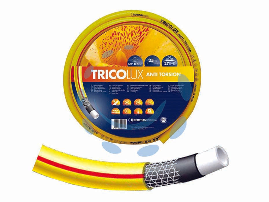 Tubo magliato trico lux anti torsione - ø mm.15 (5/8') rot. mt.50 - press. max 27 bar - interno bianco, esterno giallo, struttura in PVC prodotta a 5 strati per irrigazione e giardinaggio, dotato di rinforzo magli...