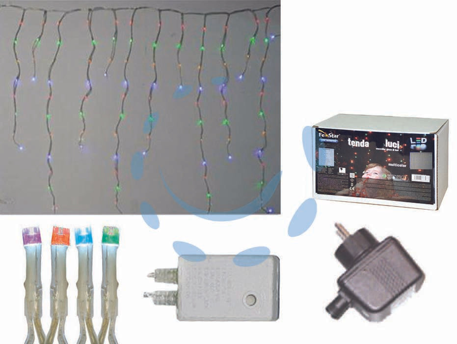 Tenda sfalsata 150 led multicolor per esterno con gioco luci - mt.5 + 2,7 x 0,9 - tensione 220-250v/50Hz, con spina SCHUKO, grado di isolamento IP44 , confezionata in scatola illustrata, connettibile, per un...