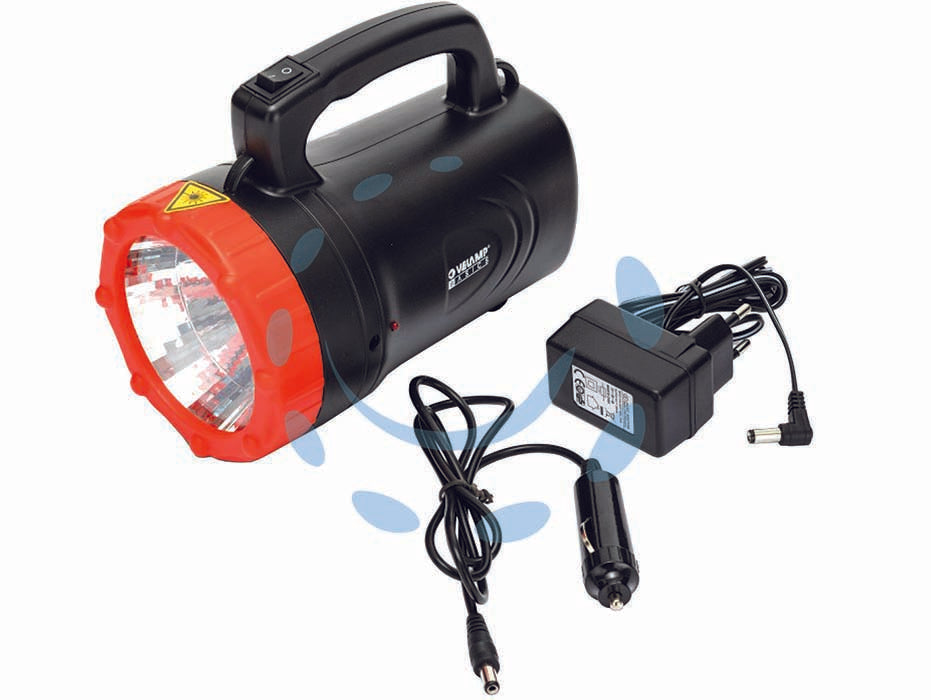 Torcia portatile ricaricabile led - 1 lampada LED 1W - 90 lumen - tocia in PP, autonomia 3 ore, con adattatore 12V da auto e trasformatore 220V in dotazione, tempi di ricarica 12 ore, durata ...