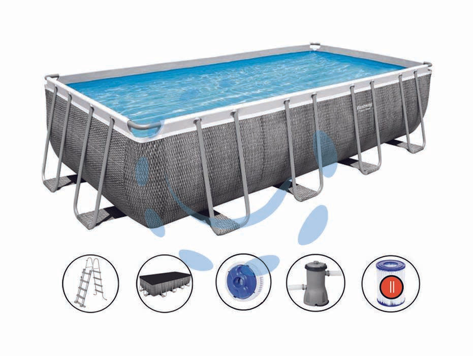 Piscina power steel rettangolare con telaio portante cm.488x244x122h. - kg.95,5- lt.11.532- filtro cartuccia (art.56996) - il telo è realizzato in PVC poliestere triplo strato, la struttura portante è composta da strutture in acciaio zincato e vern...