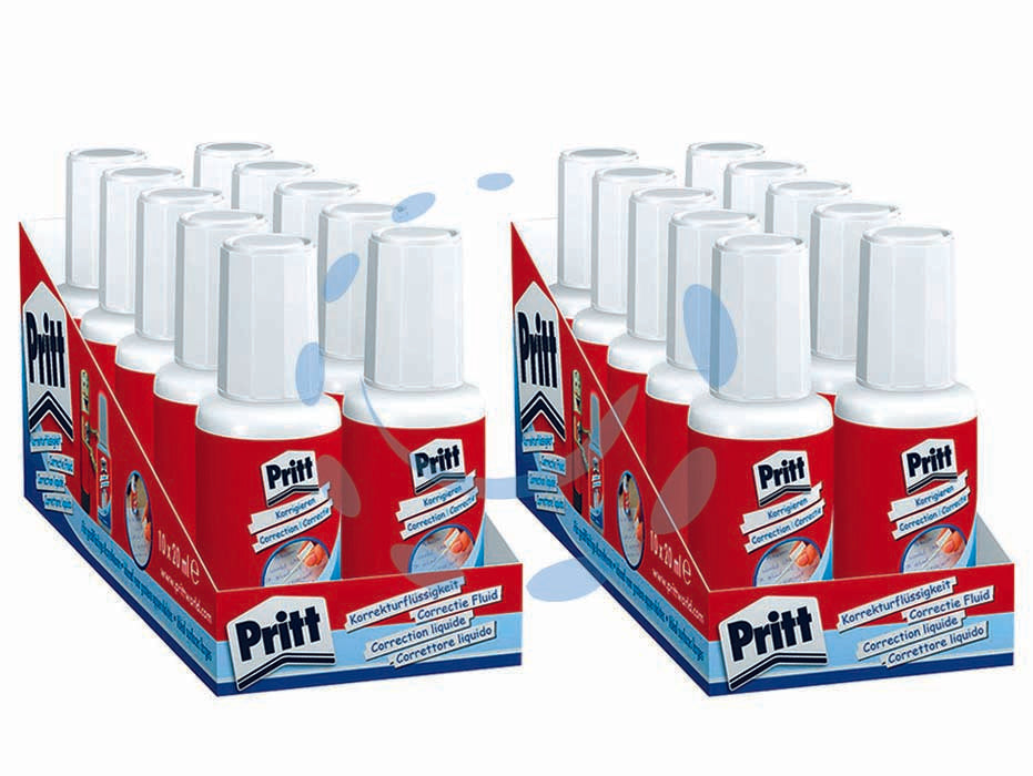 Correttore pritt fluid con pennello pz.20 - flacone da ml.20 - n.2 display da pz.10, correttore fluido di alta qualità e ultra coprente con pennello, speciale formula rapido essiccamento